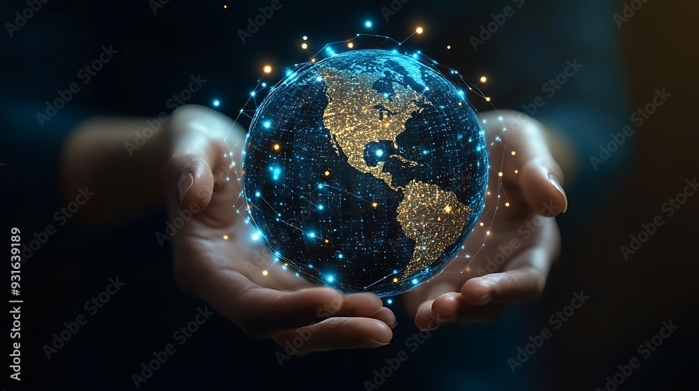 Wall mural hands holding a glowing digital globe with connecting lines, symbolizing global connectivity and tec