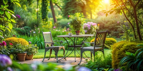 A Serene Sunset in the Garden with a Wrought Iron Table and Chairs, Lush Greenery, and Vibrant Flowers, garden decor, patio furniture, outdoor living , sunset