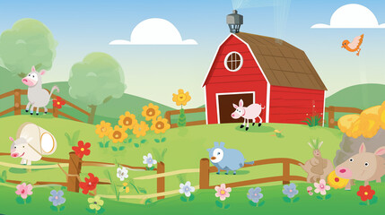 Fototapeta premium Colorful Farmyard With Animals Flowers And Red Barn