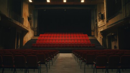 A silent, empty auditorium with vacant seats, evoking the narrative of a past event or performance.