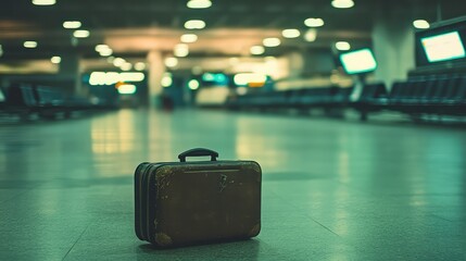 A single, abandoned suitcase at an empty airport terminal, telling a story of travel and absence.