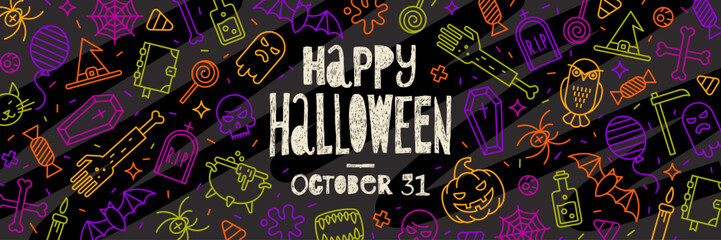 Halloween banner with hand drawn greeting on a background with outline halloween sign and symbols. Vector illustration.