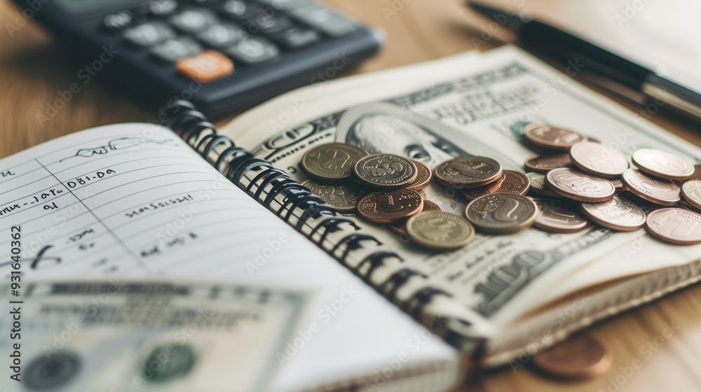 Fototapete a stack of cash and coins lies next to a notebook filled with calculations and financial notes, emph