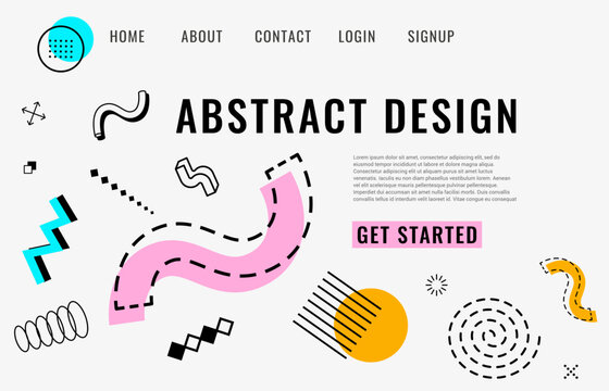 Landing page template with abstract modern Memphis shapes. Vector creative business website banner with contemporary and engaging look, includes navigation menu elements Home, About, Contact, Signup