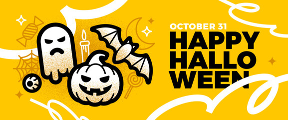 Halloween vector illustration. Banner with halloween outline sign and symbol. Design with grainy texture gradient and squiggle lines. Vector illustration.