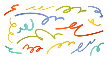 Multicolored squiggly lines vector set, Hand drawn doodle shapes with stippled grainy texture. Squiggle design elemens.