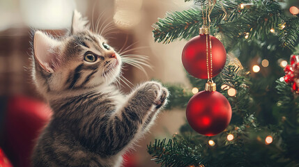 adorable happy kitten enjoying Christmas, festive decorations, Christmas tree, kitten sitting by the tree, cozy and cheerful mood