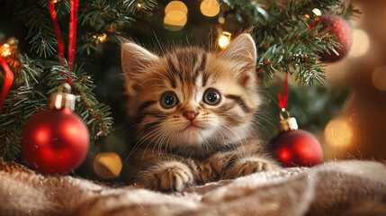 adorable happy kitten enjoying Christmas, festive decorations, Christmas tree, kitten sitting by the tree, cozy and cheerful mood