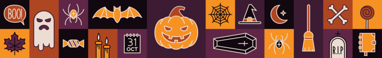 Halloween vector illustration. Banner with outline halloween sign and symbols.