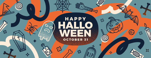 Halloween banner with holiday sign and  symbol. Design with grainy texture gradient and squiggle lines. Vector illustration.