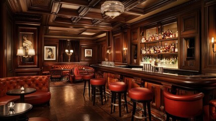 Elegant Bar Interior with Wood Paneling and Red Leather Seating