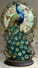 Art nouveau artistic image of peacock in a round shape,Luxurious peacock with an open tail,magnificent realistic peacock
