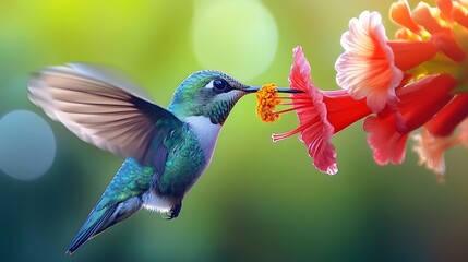 Fototapeta premium Close-up of a hummingbird feeding on a red trumpet flower, wings frozen in motion, iridescent feathers, bokeh background, macro wildlife photography, vivid colors.