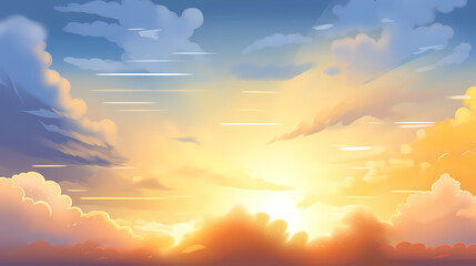 Obraz premium The glow of the sky at sunset. Anime style background with shining sun and white fluffy clouds. Sunny day sky scene cartoon vector illustration.