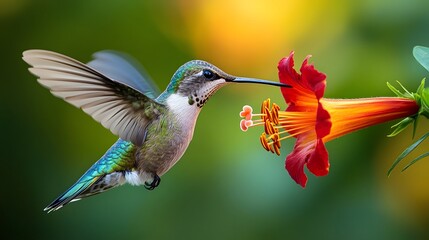 Close-up of a hummingbird feeding on a red trumpet flower, wings frozen in motion, iridescent feathers, bokeh background, macro wildlife photography, vivid colors.