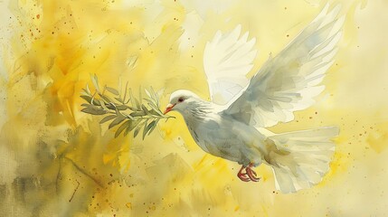 An artistic portrayal of a white dove holding an olive branch flying through an intense, sunlit yellow background, symbolizing peace and hope with a sense of divine intervention.