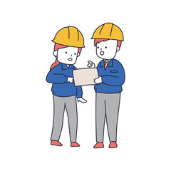 タブレットを見ながら情報を共有・確認する作業員の男女ペア