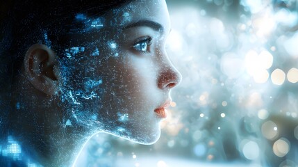 Futuristic Digital Portrait of Glowing Female Face in Cosmic Environment