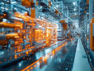 Fototapeta premium Futuristic Digital Warehouse with Glowing Data Visualization and Automation Machinery