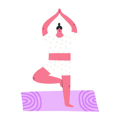 Woman doing yoga exercise on mat, cartoon flat vector illustration isolated on white background. Cute hand drawn character. Concepts of meditation, pilates, sports and healthy lifestyle.