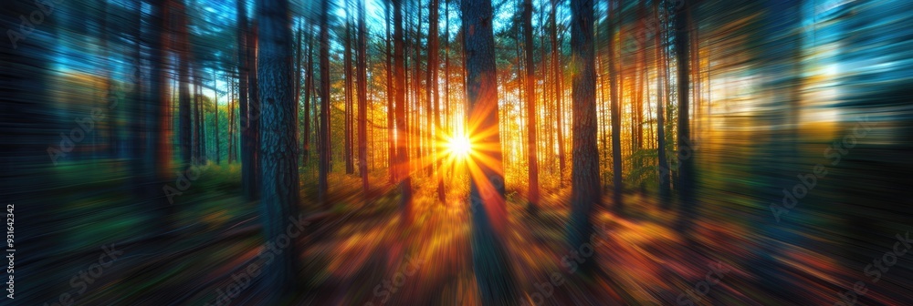 Sticker a captivating sunrise in a tranquil pine forest, depicted through a stunning blur of colors from a m