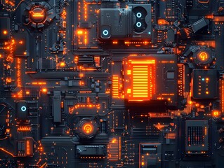 Fototapeta premium Futuristic Glowing Microchip and Circuit Board Technological Abstract Background