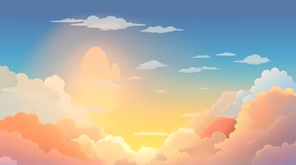 The glow of the sky at sunset. Anime style background with shining sun and white fluffy clouds. Sunny day sky scene cartoon vector illustration.