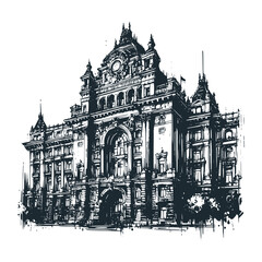 The old gothic palace. Black white vector logo illustration.
