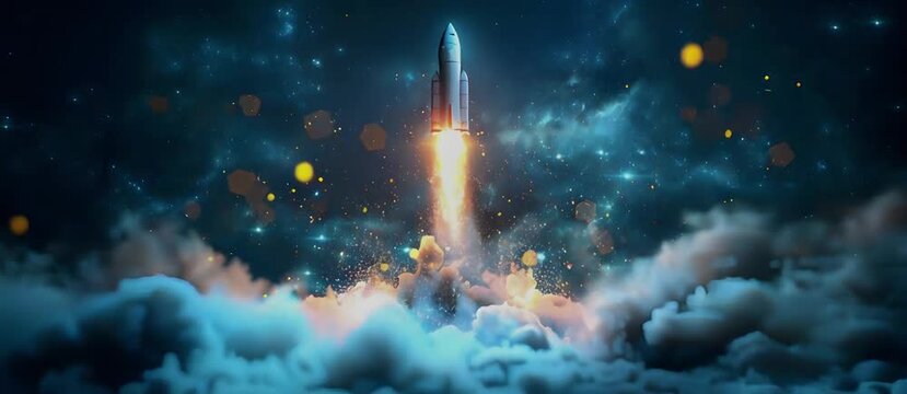 Startup business concept with digital glowing blue rocket on dark background.