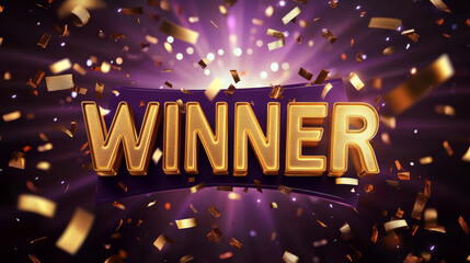 Dynamic image of the word "WINNER" in bold golden letters, featuring a casino theme with poker chips, cards, and confetti on a radiant purple background.
