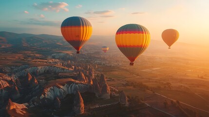 Obraz premium Colorful hot air balloons ascending over Cappadocia landscape, unique rock formations, early morning light, travel photography, vibrant colors against earthy tones.