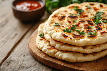 Indian naan bread on wooden board on light wooden table 