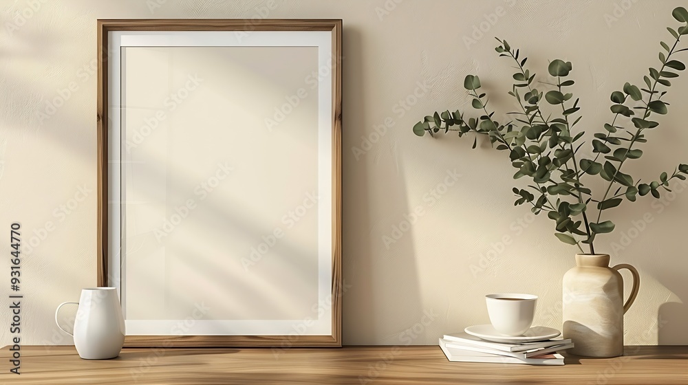 Poster empty wooden picture frame poster mockup hanging on beige wall background vase with green eucalyptus