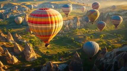 Obraz premium Colorful hot air balloons ascending over Cappadocia landscape, unique rock formations, early morning light, travel photography, vibrant colors against earthy tones.