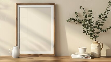 Empty wooden picture frame poster mockup hanging on beige wall background Vase with green eucalyptus tree branches on table Cup of coffee books Working space home office Modern art dis : Generative AI