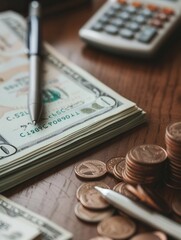 Fototapeta premium A stack of cash and coins sit beside a notebook filled with notes and calculations, highlighting a focused financial planning session. Generative AI