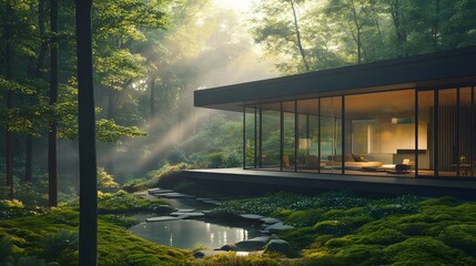 Contemporary glass house in forest setting, floor-to-ceiling windows, minimalist interior visible, lush green surroundings, misty morning atmosphere, architectural photography.