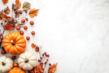 Obraz premium Autumnal Pumpkins and Leaves on White Background