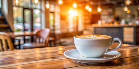 A Cup of Coffee on a Wooden Table, White Cup, Latte Art, Coffee Shop, Cafe, Wooden Table, Coffee Break