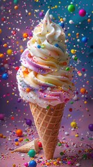 Large ice cream cone with sprinkles and candy