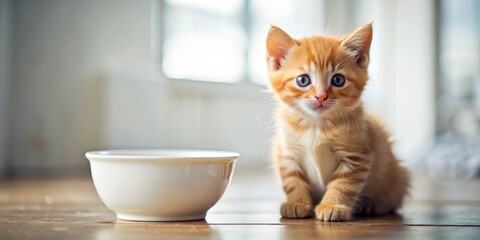 A Curious Kitten Gazing at an Empty Bowl, Shallow Depth of Field, Cute, Orange Tabby, Indoor , cat, pet