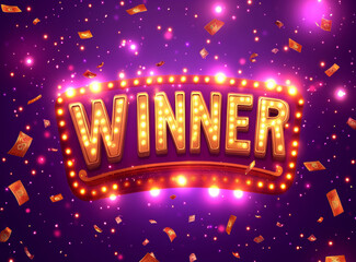 Dynamic image of the word "WINNER" in bold golden letters, featuring a casino theme with poker chips, cards, and confetti on a radiant purple background.

