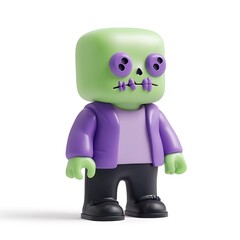 Naklejka premium Toy figure of a green zombie character in purple jacket and black pants. Isolated on white background. Perfect for Halloween-themed projects. Halloween Art Toy Character Design.