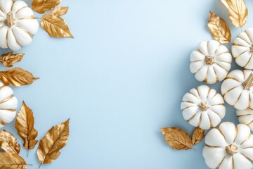 White Pumpkins and Gold Leaves on a Blue Background