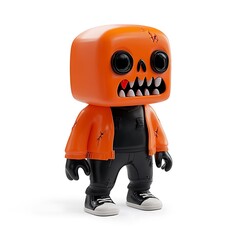 Vinyl figure with bright orange head, black outfit, and sneakers. Stylish and collectible toy for fans of unique characters. Halloween Art Toy Character Design.
