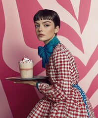 A woman in a retro red checkered dress with a blue bow tie holds a glass of strawberry milkshake on a tray, set against a vibrant pink and white patterned background