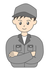 腕組みをして自信のある顔をする作業服姿の男性作業員