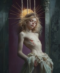 A delicate figure with a glowing halo and a visible wound on the chest stands with eyes closed. The dramatic lighting and regal drapery create a striking, ethereal atmosphere..