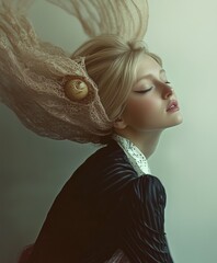 A close-up portrait of a woman with her eyes closed, wearing an elaborate lace headdress with a vintage aesthetic. The soft, ethereal tones add a dreamlike quality to the image.
