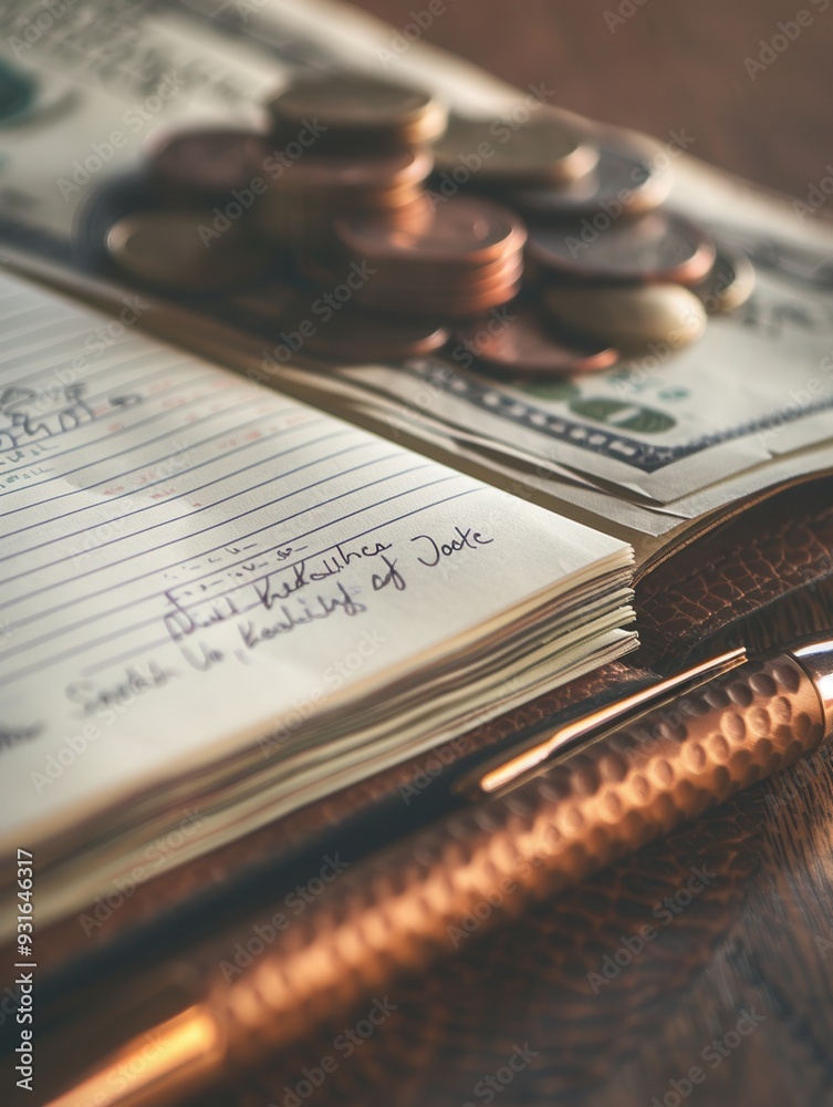 Aufkleber Cash and coins are arranged next to an open notebook detailing financial notes and calculations, emphasizing budgeting or financial planning. Generative AI